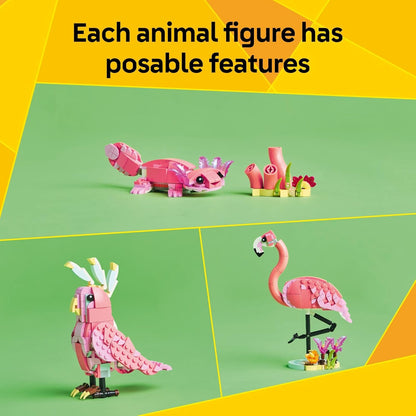 LEGO Creator 3 in 1 Wild Animals: Pink Flamingo Animal Building Toy - Building Toy with 3 Building Options, Pink Flamingo, Cockatoo, or Axolotl - Learning Toy for Kids, Ages 8+- 31170