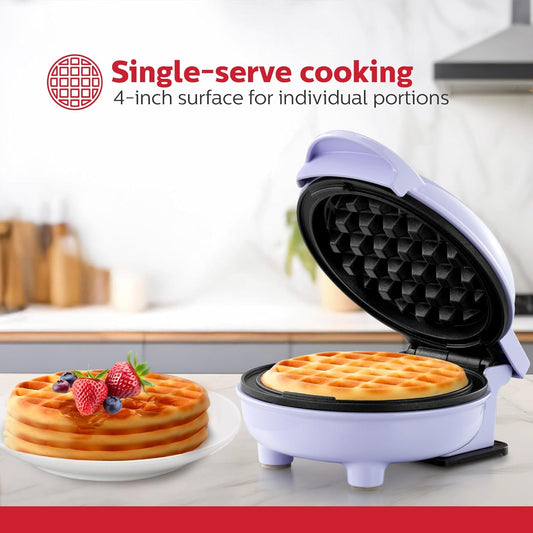 Holstein Housewares Personal/Mini Waffle Maker, Non-Stick Coating, Lavender - 4-inch Waffles in Minutes, Ideal for Breakfast, Brunch, Lunch or Snacks - PuriLite