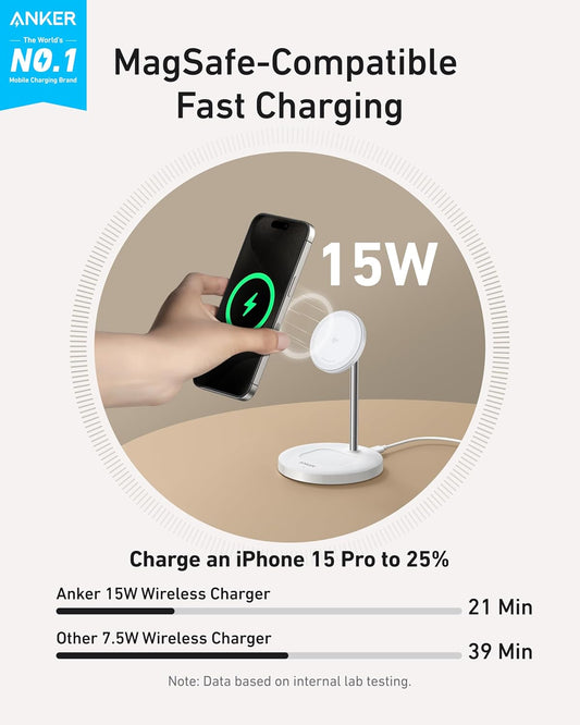 Anker MagSafe Compatible MagGo Charger Stand, iPhone 16 Wireless Charger, 2-in-1 Charging Station, Qi2 Certified 15W Max Charging, for iPhone 16/15/14/13/12, AirPods Pro (White, with 40W Adapter) - PuriLite