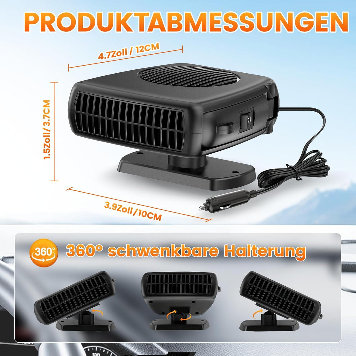 Blytra 200W 12V Portable Car Heater for Winter, Dual Heating and Cooling Auto Fan, Rapid Windshield Defroster and Defogger with 360° Rotatable Airflow, Compact Design for Vehicle Comfort,1