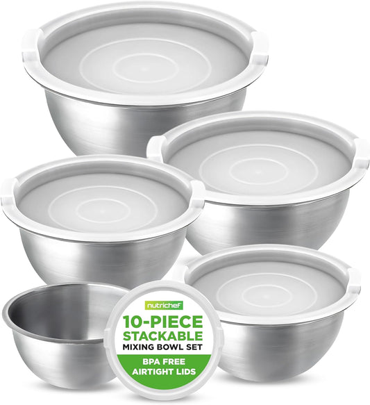 NutriChef 5-Piece Stainless Steel Mixing Bowl Set - Stackable 0.75, 1, 1.5, 3 & 5 Quart Sizes Kitchen Bowls with Lids, Durable & Stackable, Ideal for Marinating Meats for BBQs & Mixing