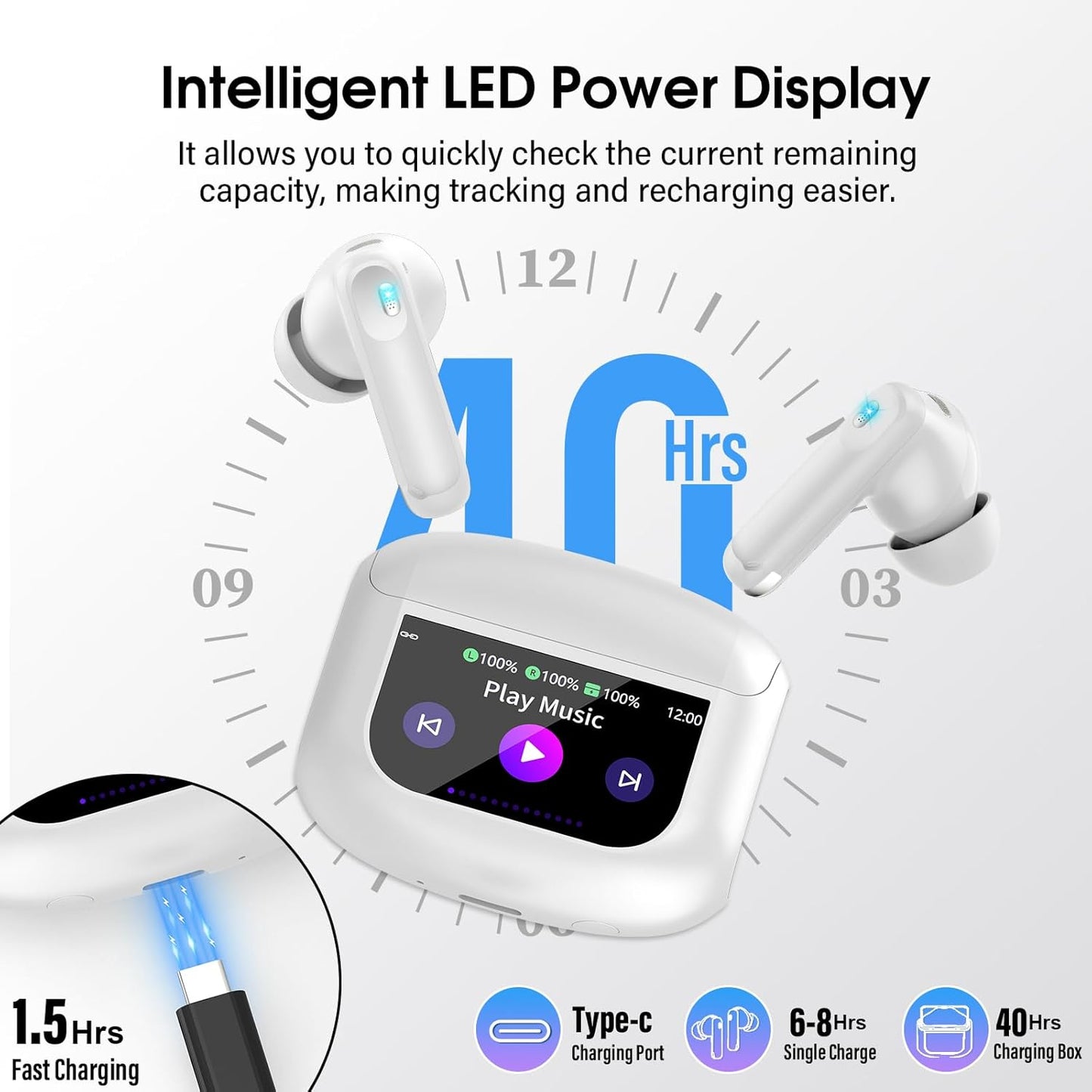 Wireless Earbuds, Bluetooth 5.4 Ear Buds with Multifunctional Touch Screen, 48H HiFi Stereo Headphones, ANC/ENC Noise Cancelling Mic, IPX7 Bluetooth Earbuds with 5 EQ Modes, in Ear Earphones, Black