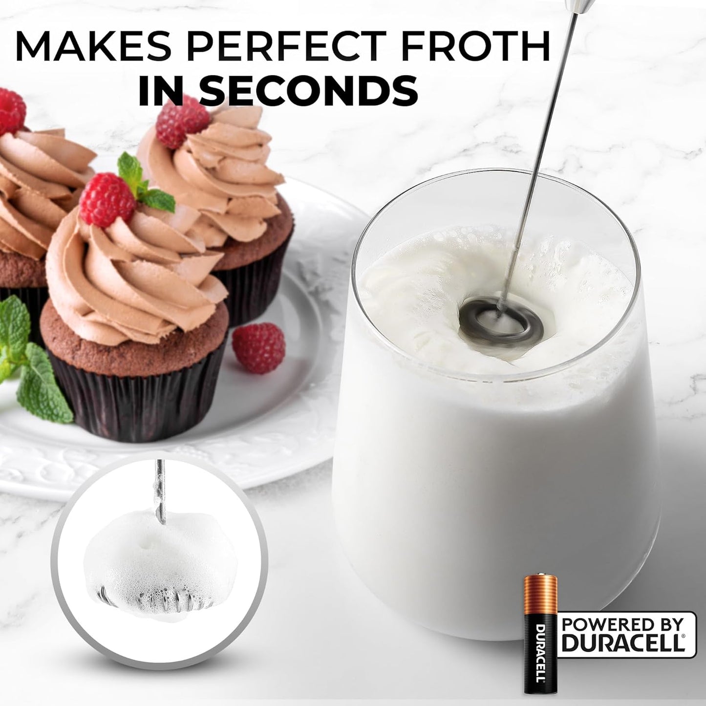 Zulay Kitchen Powerful Double Whisk Milk Frother Handheld - Foam Maker with Stand - Whisk Drink Mixer for Coffee, Mini Foamer for Latte, Matcha, Frappe, Hot Chocolate & Cappuccino (Black)