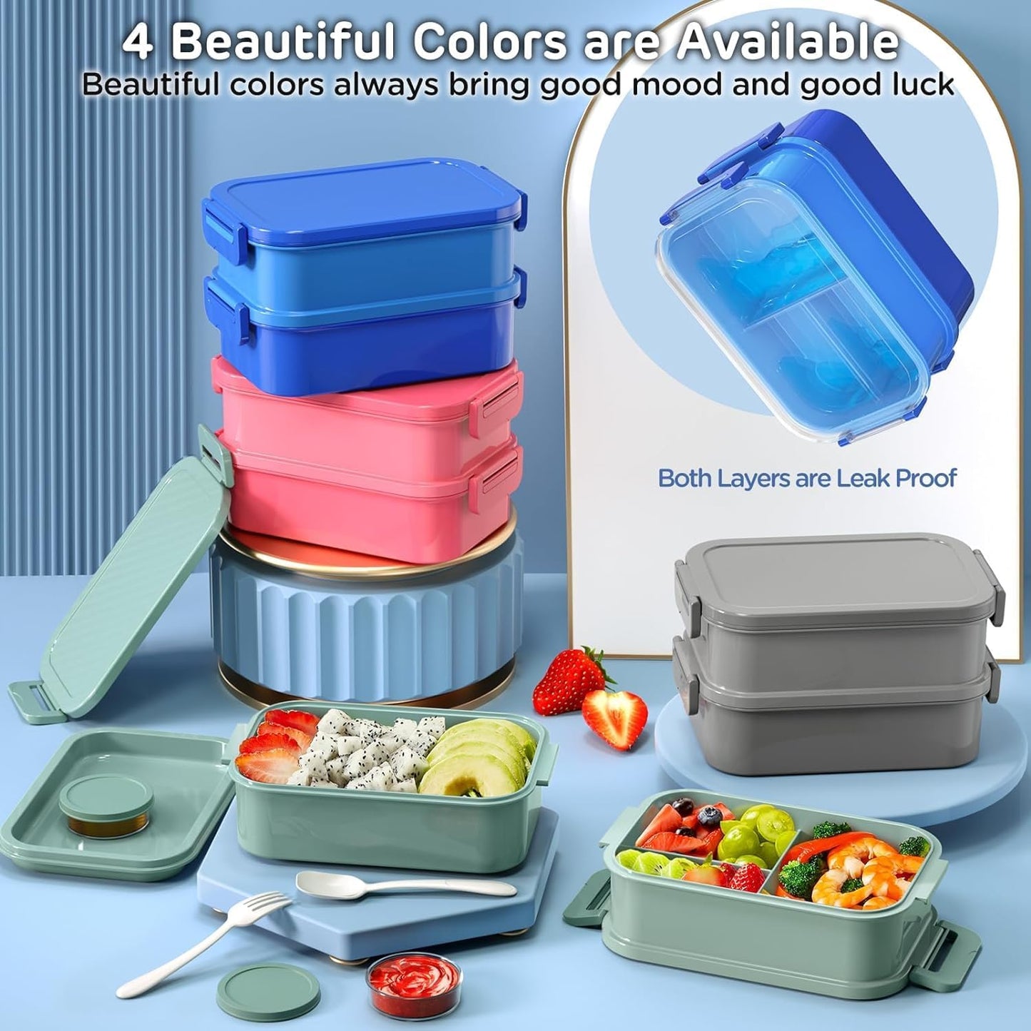 JSCARES Lunch Box Adults Bento Box - All-in-One Stackable 74 OZ Lunch Box Containers for Adult Large Bento Box with Fork Spoon Sauce Boxes, Leakproof Lunchbox for Work School Dining Out (Green)