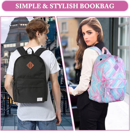 School Backpack, Kasqo 15.6 Inch Classic Lightweight Water-Resistant Backpack for Men Women Teens Girls Boys Kids to School, College, Travel, Work, Black