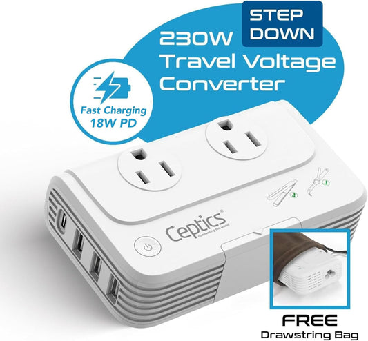 Travel Voltage Converter, Ceptics 230W Convert 220V to 110V for Curling Iron, Straightener, Chargers, Step Down World Power Plug - 4 USB Charging QC 3.0 - SWadApt - Type A, B, C, E/F, G, I Included - PuriLite