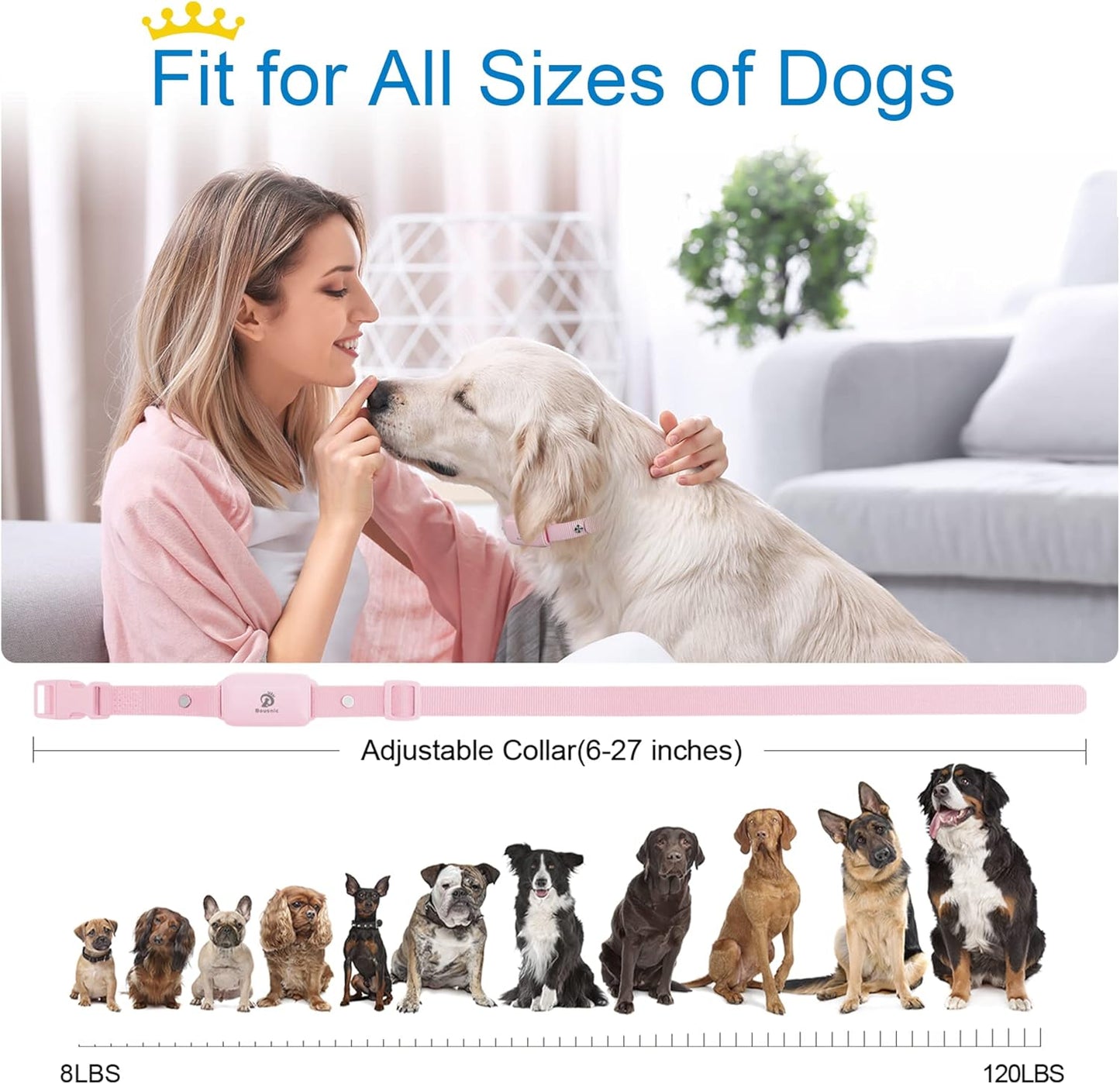 Bousnic Dog Shock Collar for 2 Dogs - (8-120lbs) Waterproof Rechargeable Electric Dog Training Collar with Remote for Small Medium Large Dogs with Beep Vibration Safe Shock Modes(Pink)
