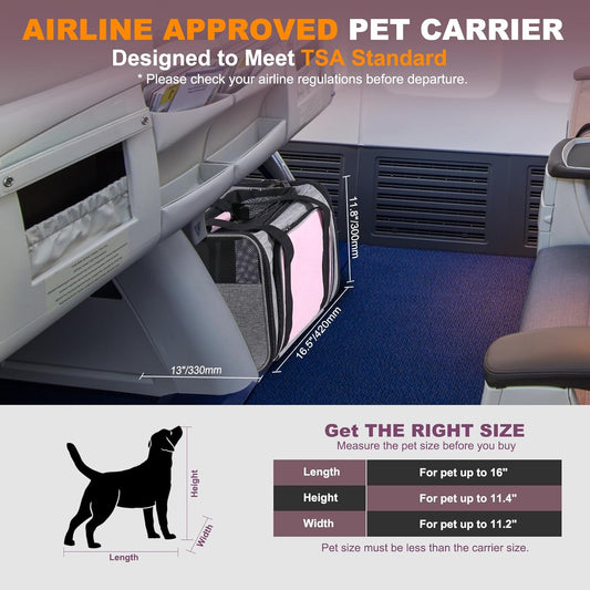 Pet Carrier Airline Approved on Wheels - Two Sided Expandable Cat Soft Carrier for Puppy and Cats Under 26lbs, Rolling Cat Carrier for Airplane, Camping, Outdoor(Pink) - PuriLite