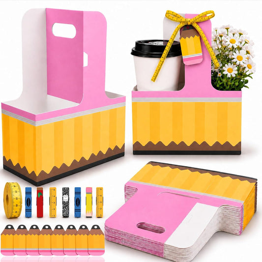 24 Set Back to School Teacher Gifts 2 Cup Drink Carrier with Greeting Card Ribbon Wooden Push Pins, Teacher Cup Holders with Handle for First Day of School Supplies Party Favors Gift