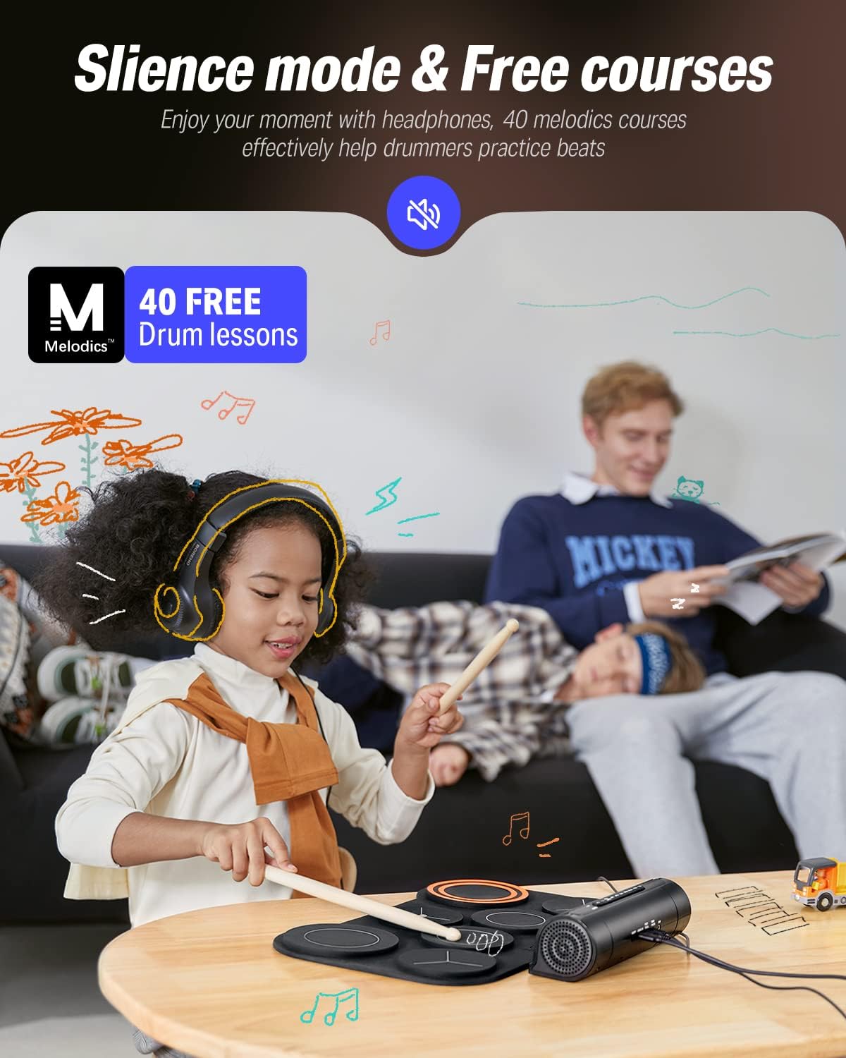 Donner Electronic Drum Set, 7 Pads Electric Drum Pad Roll Up Quiet Drum Pad Built-in Speaker, 40 Lessons Included, Kids Holiday Christmas & Birthday Gift Instrument Toys(DED-20)