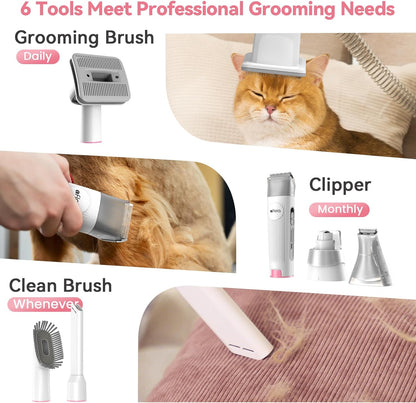 Afloia Dog Grooming Kit, Pet Grooming Vacuum & Dog Clippers Nail Trimmer Grinder & Dogs Brush for Shedding with 6 Pets Groom Tools, Low Noise Dogs Hair Remover Pets Supplies (White)