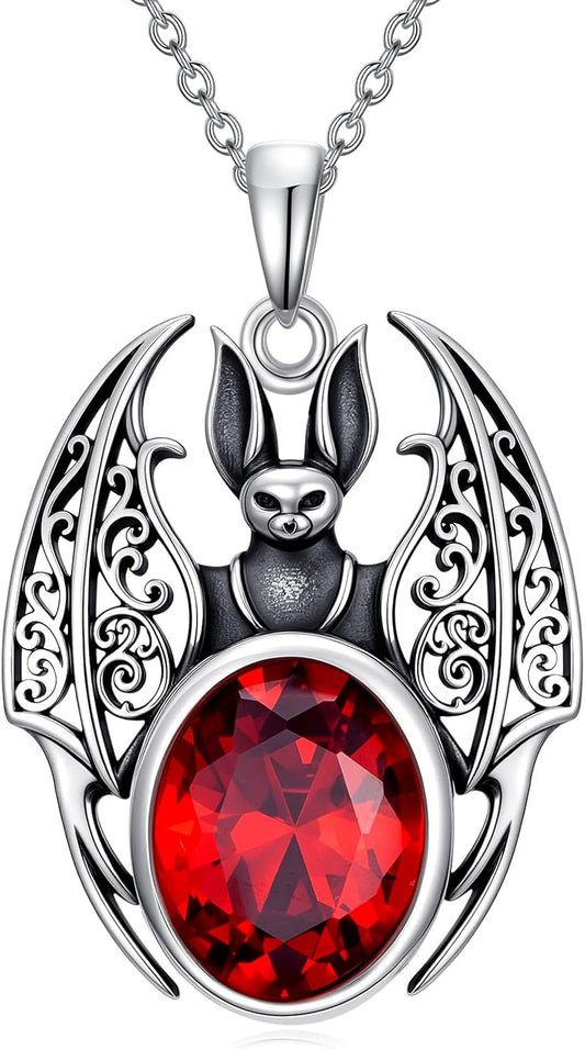 POTOPYY Bat Necklace for Women Sterling Silver Gothic Jewelry Bat Pendant, Goth Necklace With Crystal Red Stone Halloween Christmas Gifts for Women Mom Daughter Friend