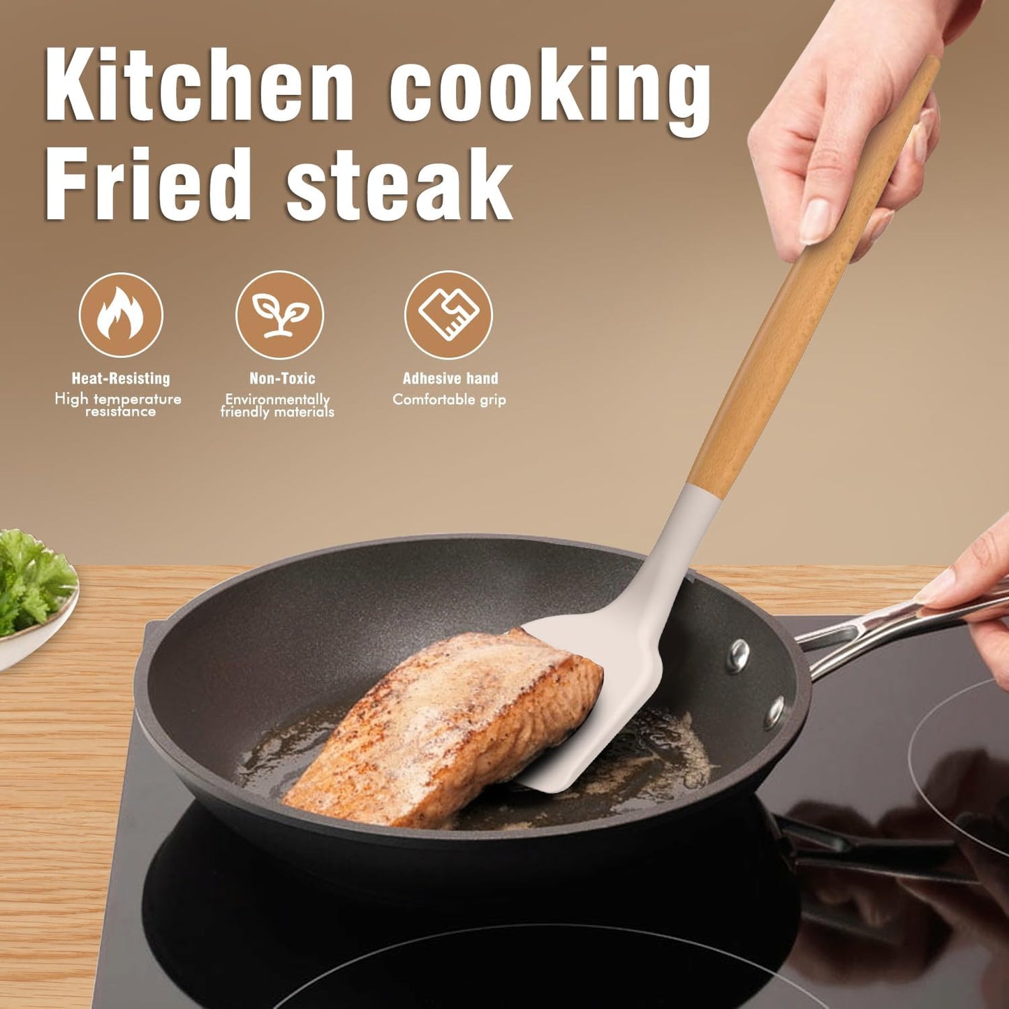 Silicone Cooking Utensils Set - Silicone Kitchen Utensils for Cooking Wooden Handles, 446°F Heat Resistant Kitchen Utensil Spatula Sets w Holder, Gadgets for Non-Stick Cookware BPA Free (Black)