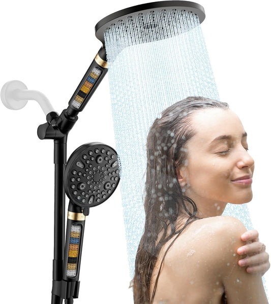 JONKEAN 7.5" Big Filtered Double Shower Head for Hard Water, Dual Shower Heads with Handheld Spray Combo, 9 Modes Waterfall Rain Shower Head High Pressure with Long Hose & Adjustable Bar(Matte Black)