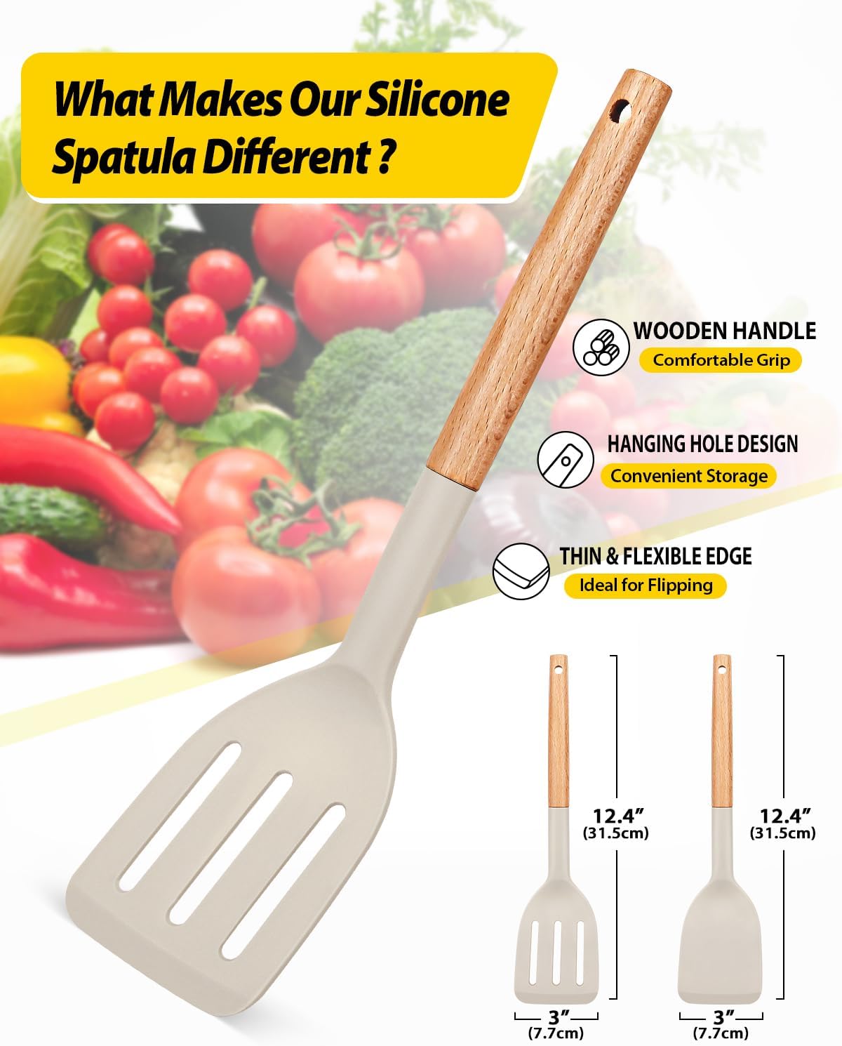 Silicone Cooking Spatula Set | Heat Resistant Turner | Non Stick Kitchen Spatula | Wooden Handle Cooking Tool | Frying Baking Utensils - PuriLite