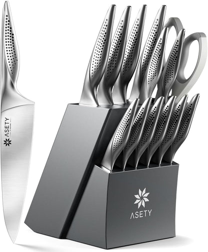 ASETY Knife Block Set, 15 PCS Knives Set for Kitchen, Stainless Steel