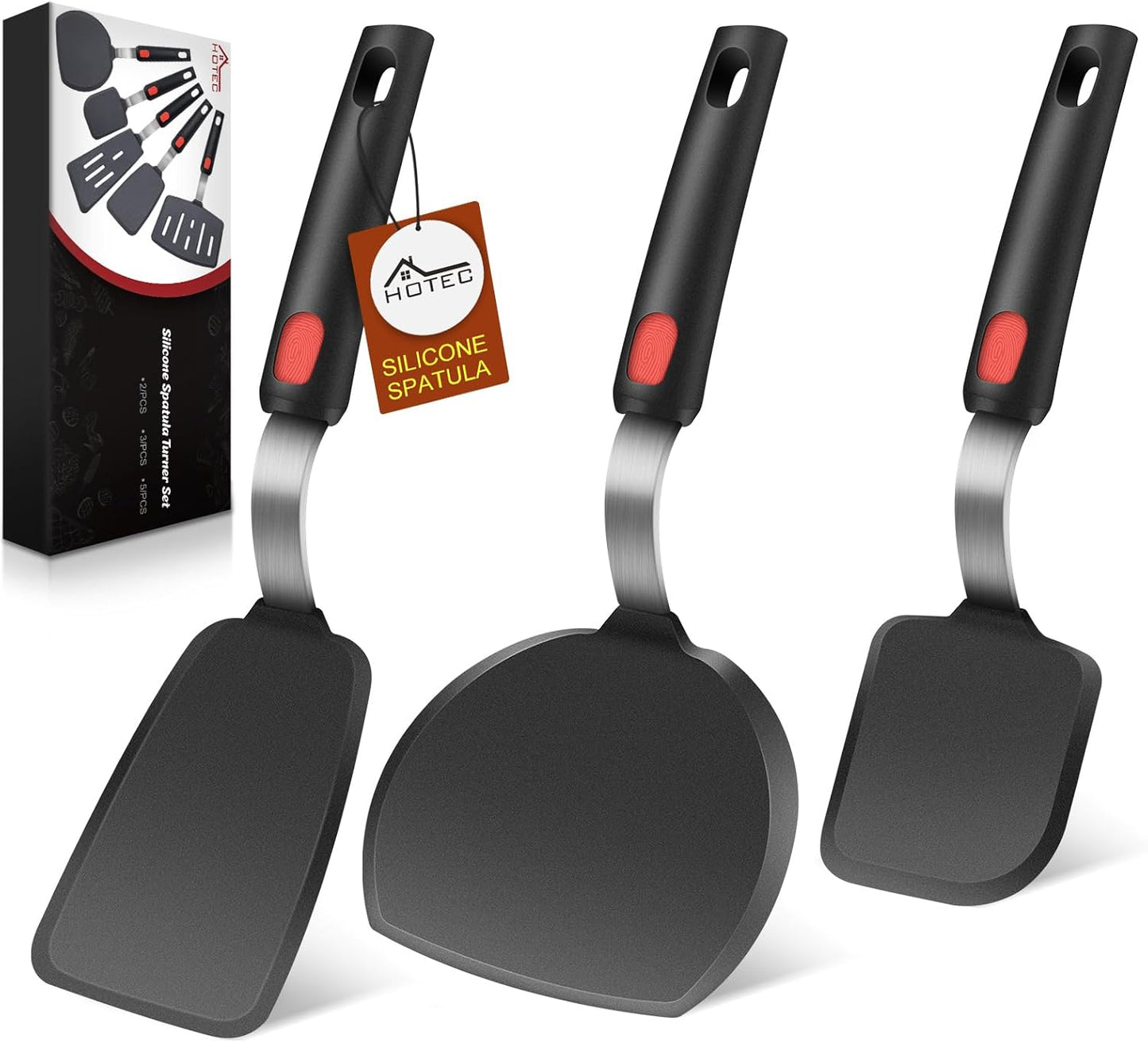 Hotec Silicone Spatula Turner for Nonstick Cookware, Flexible 600F Heat Resistant, Ideal for Flipping Eggs, Burgers, Pancakes, Crepes and More (3 Pack)