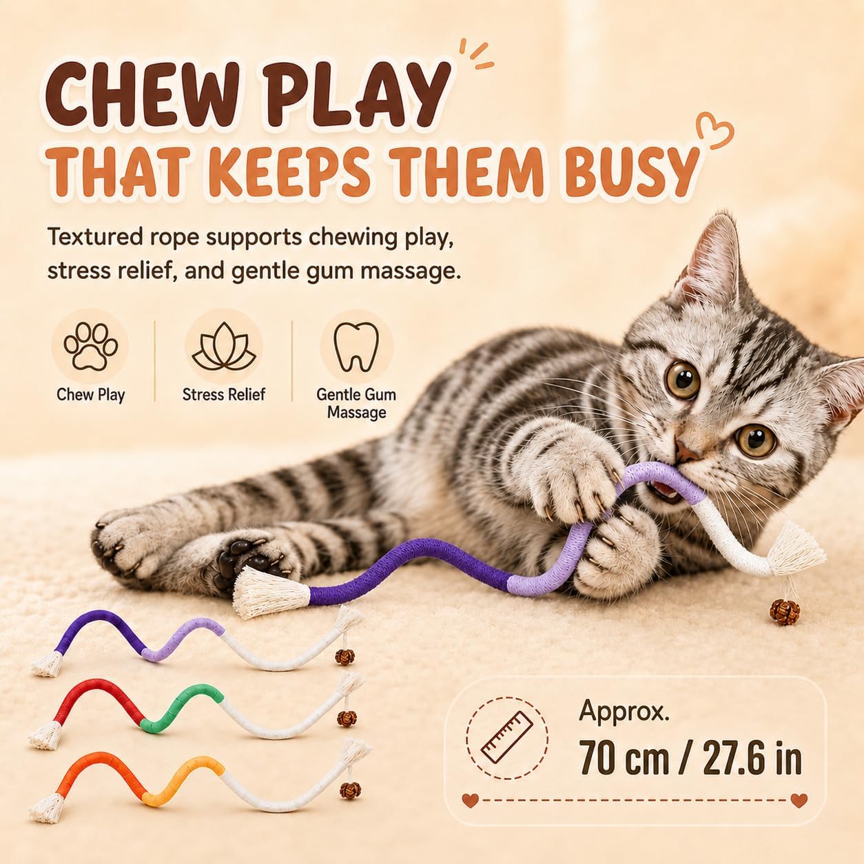 Cat Chew Long Rope Toys(27.5 Inch) 3PCS Refillable Catnip and Silvervine, Interactive Toy for Indoor Cats & Kittens, Safe Dental Chew Toys for Teeth Cleaning & Stress Relief