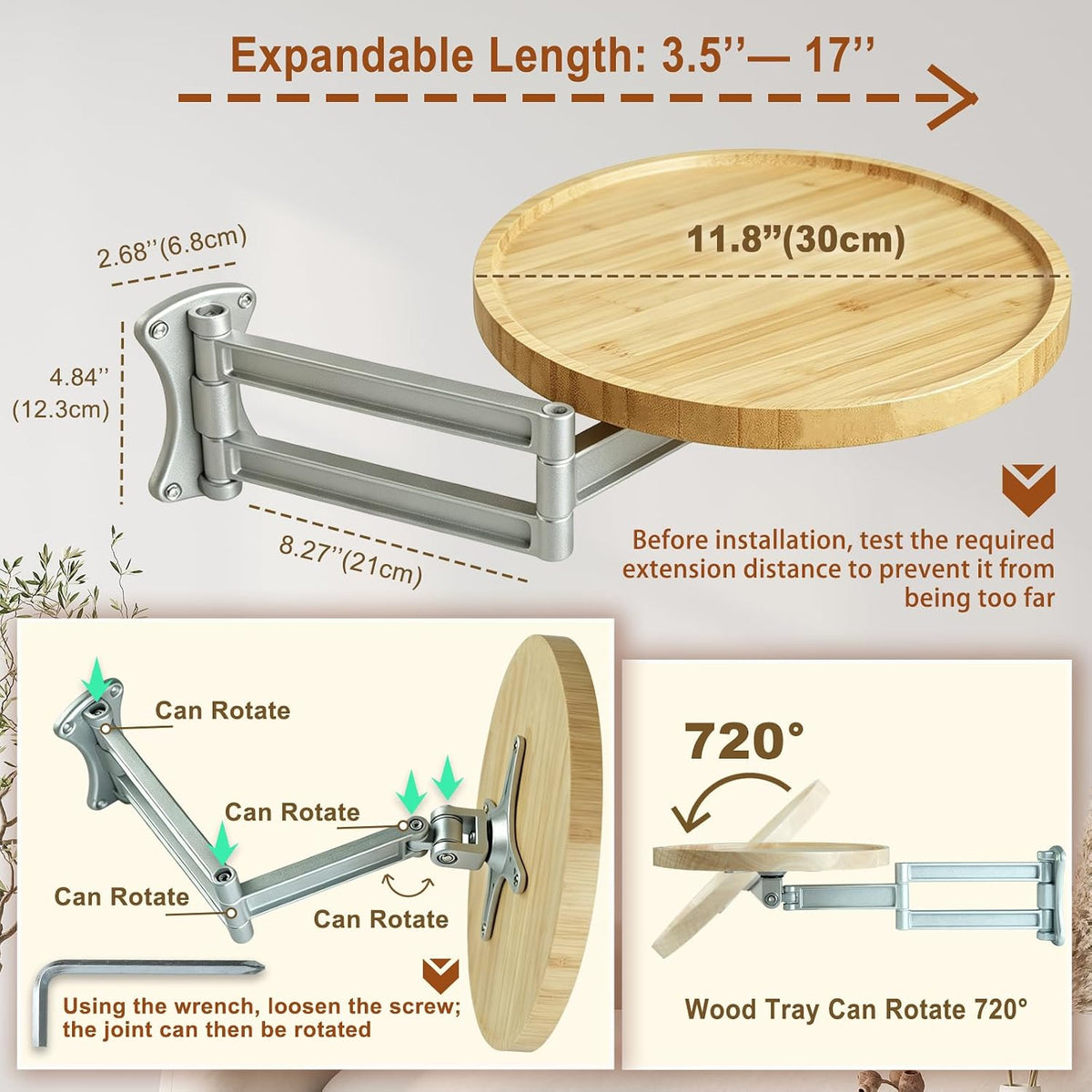 Wall Mounted Folding Table,Small Bamboo Drop Down Floating Wall Desk,11.8" Round Wood Tabletop with Retractable Aluminum Alloy Brackets,Bedside Wall Shelf Drop Top Desk,Fold Down Nightstand