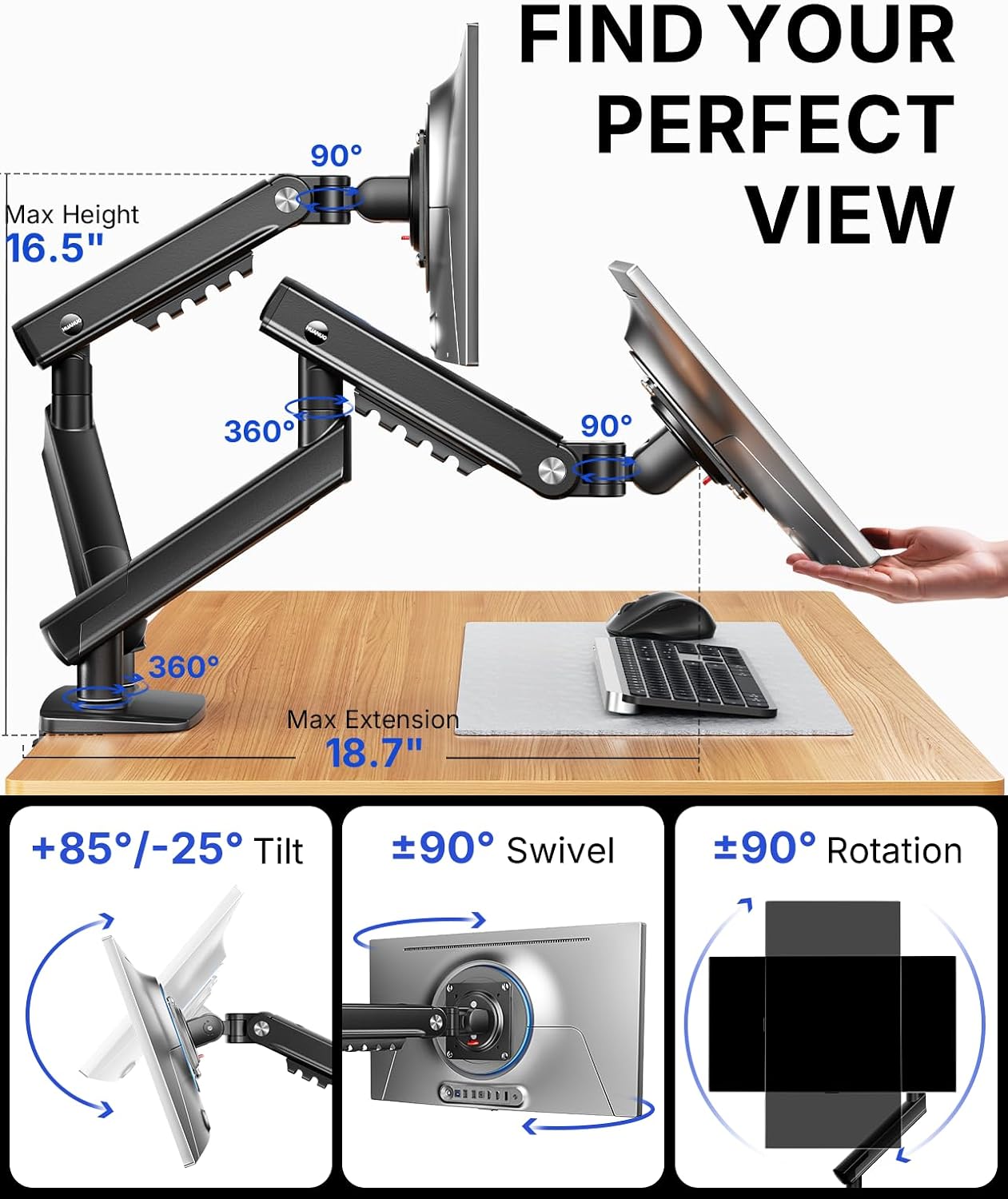 HUANUO FlowLift™ Pro Dual Monitor Arm for 13–32" Screens, MechaSpring Monitor Mount, Adjustable Monitor Arm with Tilt/Swivel/Rotation, Tool-Free VESA Mount, C-Clamp/Grommet Base, Max Load 19.8 lbs