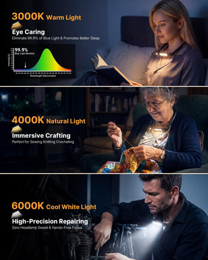 Reading Light, 80-Hr Rechargeable Book Light for Night Reading | Neck Light Eye Caring 3 Color Adjustable Brightness, Neck Lamp for Reading, Knitting, Crochet, Sewing, Book Lovers Gifts