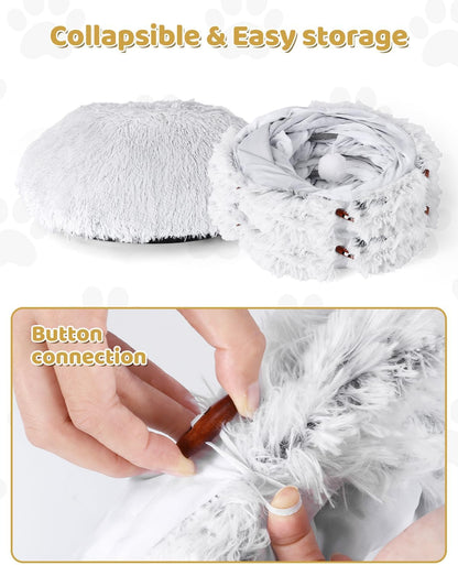 Odoland Large Cat Tunnel, Collapsible Cat Tube with 20pcs Cat Toys | S-Shape Donut Tunnel with Central Mat for Kitten, Puppy, Ferret, Rabbit, Indoor Cats,White
