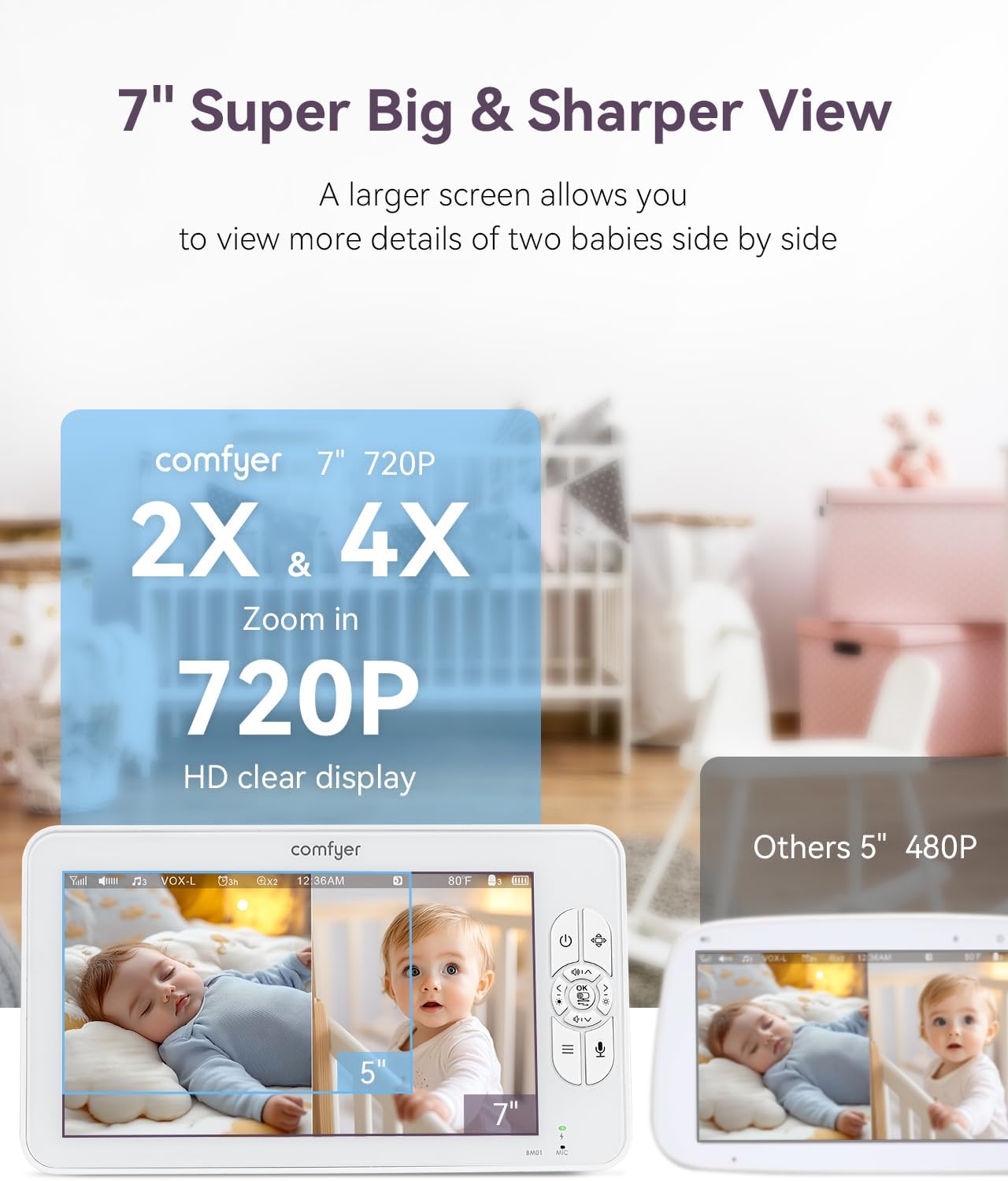 Comfyer 7" HD Split-Screen Baby Monitor with 2 Cameras, Video Baby Monitor with Camera and Audio, Flexible Bracket, Non-WiFi, VOX Mode, 2 Way Audio, Remote PTZ, Auto Night Vision