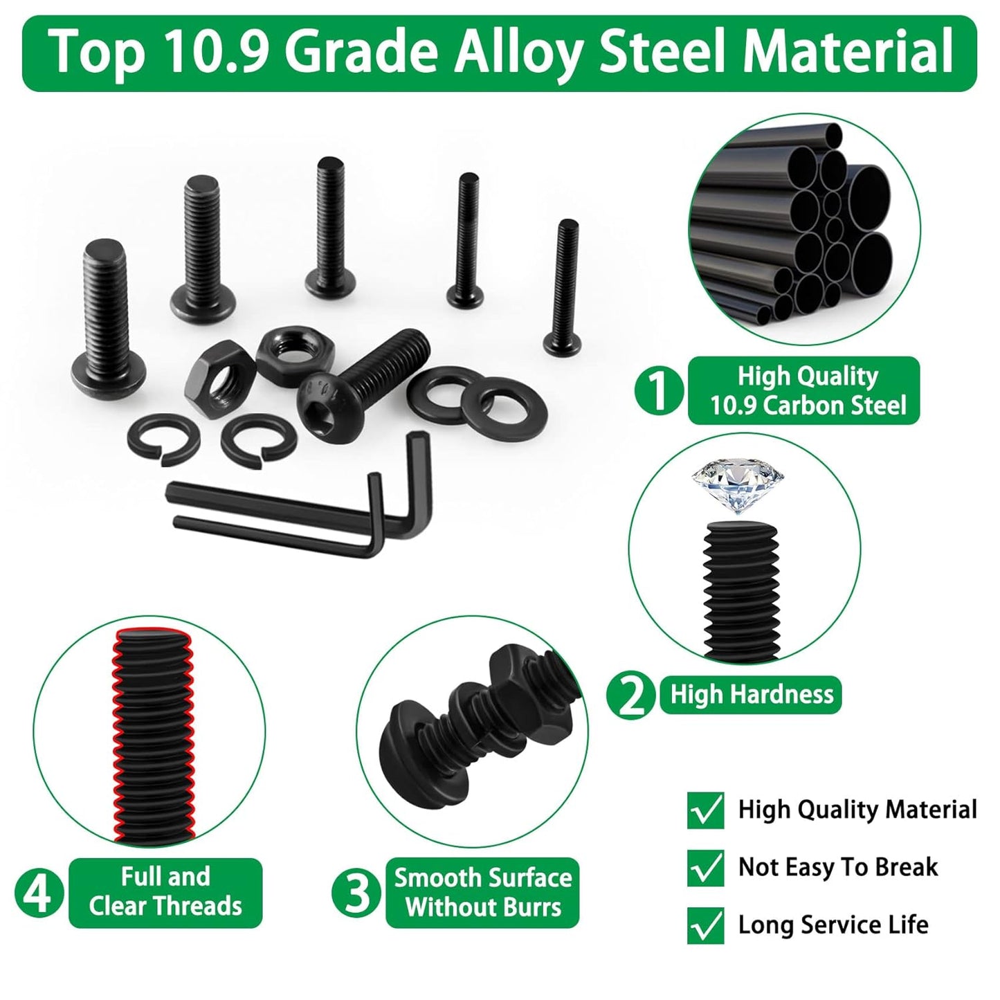 860PCS Metric Screw Assortment Kit, M2 M3 M4 M5 Machine Screws with Lock & Flat Washers, 10.9 Grade Alloy Steel, Metric Hex Button Head Cap Nuts and Bolts Assortment Kit with 4 Wrenches