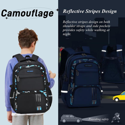 Blue-Camouflage Backpacks for Boys School Elementary, Camouflage Boys School Bags Capacity Bookbags
