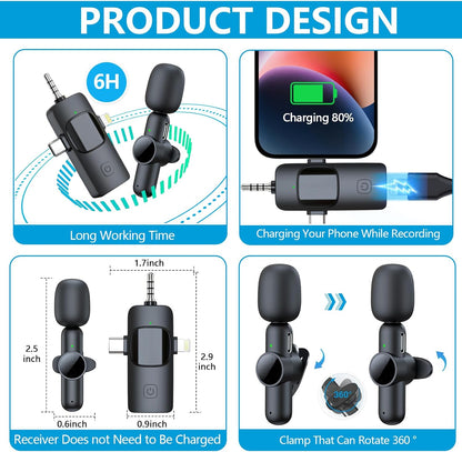 2 Pack Wireless Lavalier Microphone for iPhone iPad, RICCHI Mini Microphone Plug-Play Wireless Mic for Video Recording, Interview, YouTube, Facebook, TikTok, Auto Sync and Noise Reduction