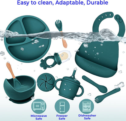 Silicone Baby Feeding Set, 14PCS, Silicone Bibs Baby Plates and Bowls Set