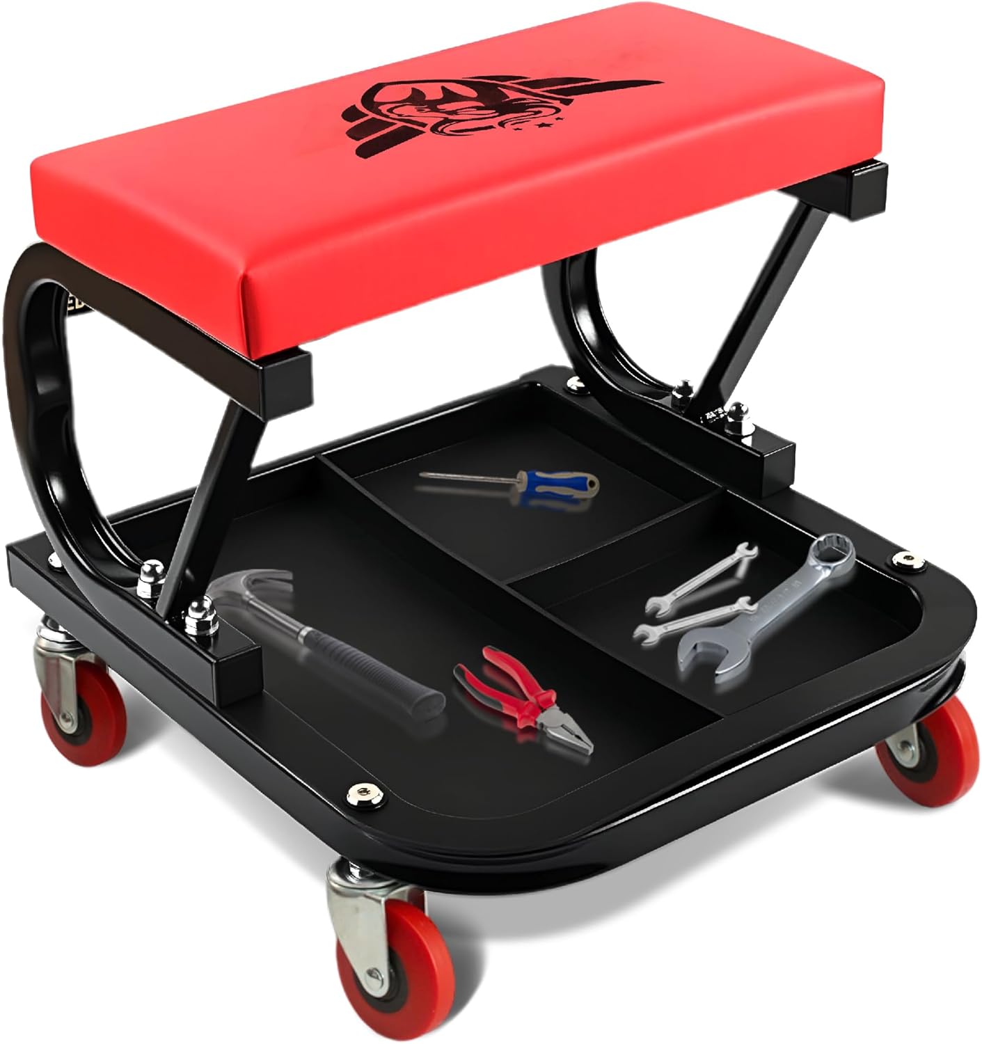 Heavy-Duty Rolling Mechanic Seat with Tool Tray Storage, 300 lb Capacity Garage Shop Stool, Padded Swivel Work Stool with 360° Casters (Red)