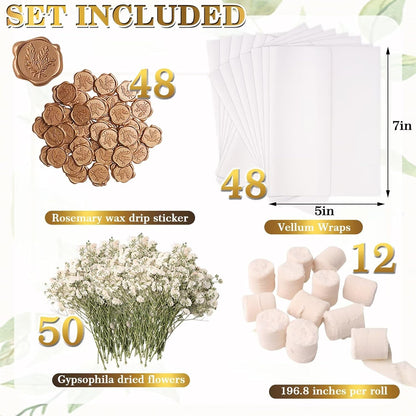 50 Sets Wedding Invitation Wrap Kit for 5x7 Invitations – Pre-Folded Vellum Jackets, 12 Rolls Chiffon Ribbon, Dried Gypsophila & Wax Seal Stickers – Elegant DIY Wedding Supplies