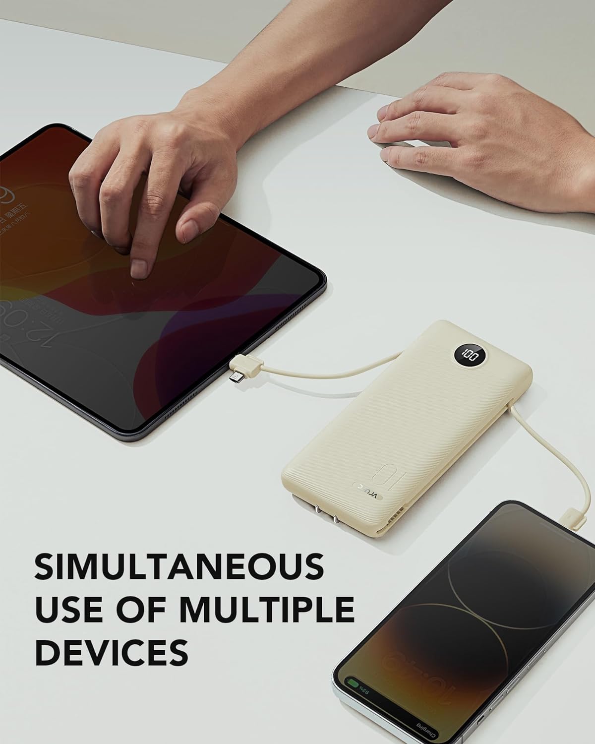 Portable Charger for iPhone, 10000mAh Power Bank with Built-in Cables & AC Wall Plug, USB C Phone Charger 5 Output External Battery Pack Compatible with iPhone Samsung Google Pixel Android -White