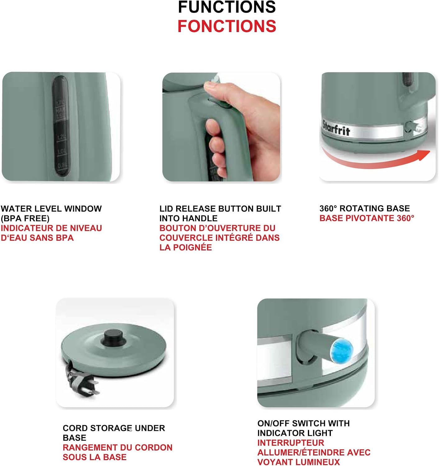 Starfrit Electric Kettle - 1.7L Capacity - Water Level Indicator - Automatic Shut-Off - 1500W – Sage