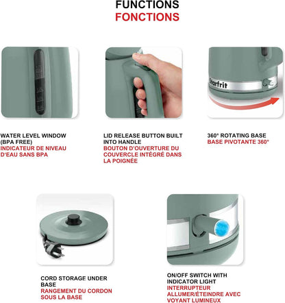 Starfrit Electric Kettle - 1.7L Capacity - Water Level Indicator - Automatic Shut-Off - 1500W – Sage
