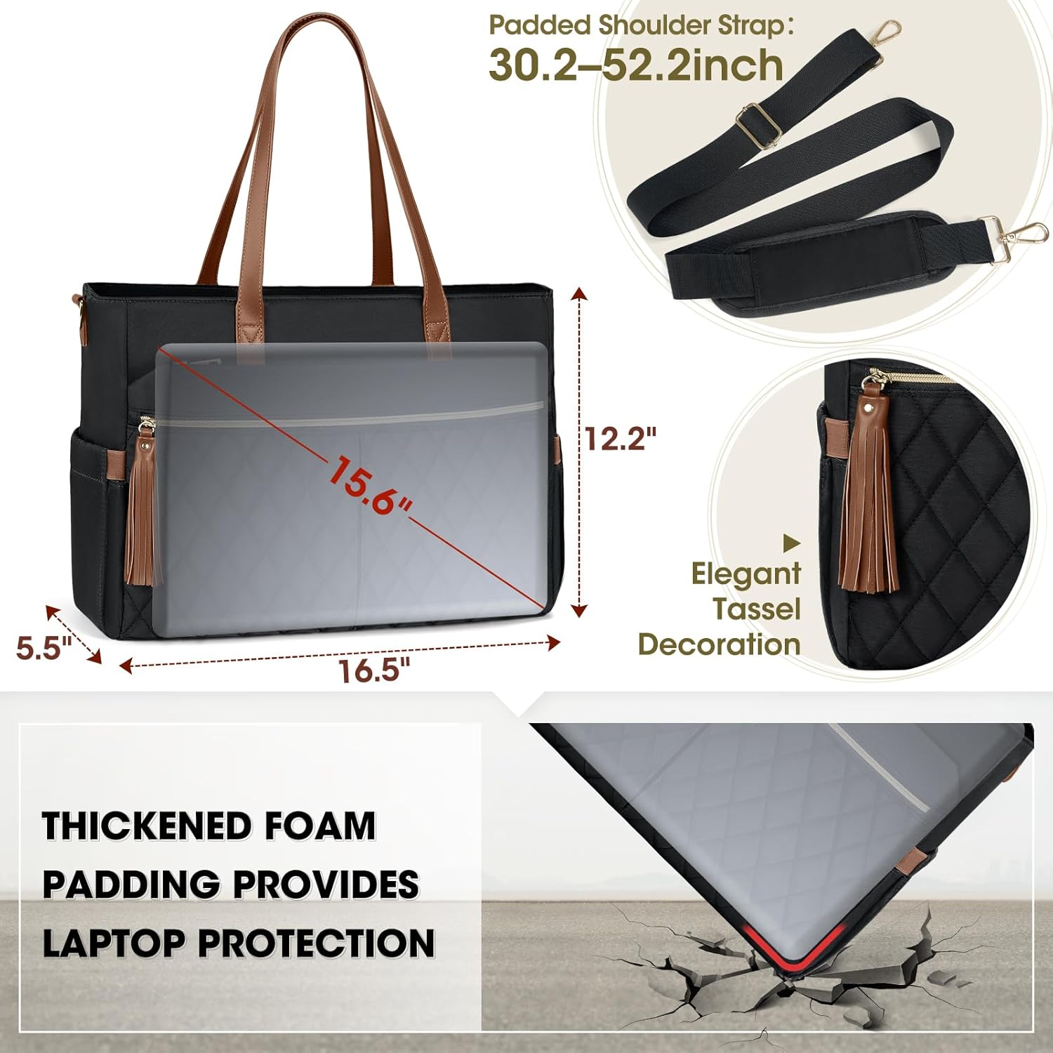 RAINSMORE Laptop Bag For Women 15.6 Inch Work Teacher Tote Bag Waterproof Nurse Bag Large Handbag Shoulder Travel Computer Messenger Bag Briefcase,Black - PuriLite