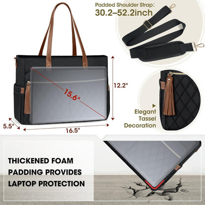 RAINSMORE Laptop Bag For Women 15.6 Inch Work Teacher Tote Bag Waterproof Nurse Bag Large Handbag Shoulder Travel Computer Messenger Bag Briefcase,Black - PuriLite