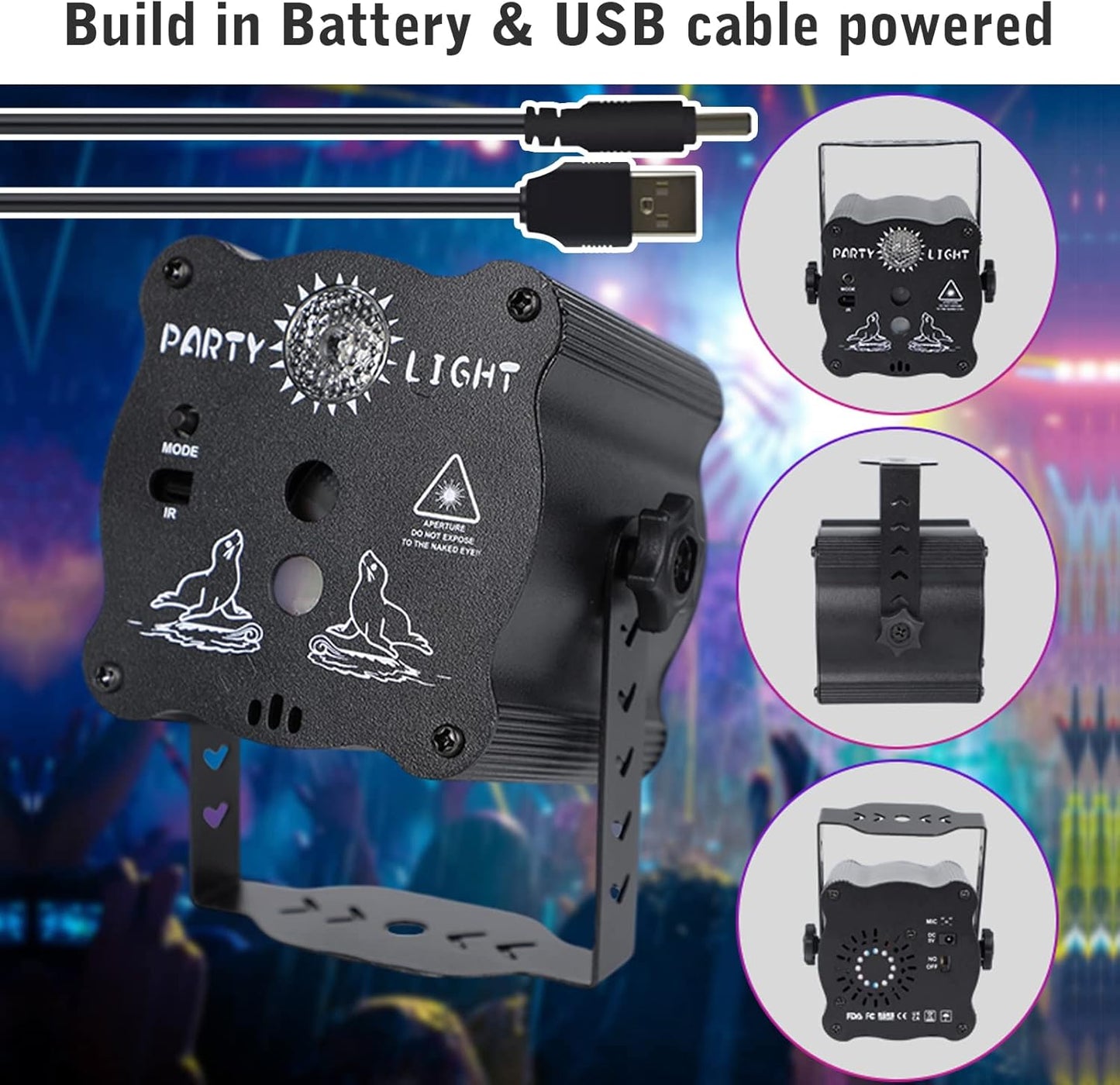 DJ Disco Light, Stage Party Lights, Rechargeable Laser Light Sound Activated RGB Led Flash Strobe Projector with Remote Control for Christmas Karaoke Pub KTV Bar Birthday Wedding