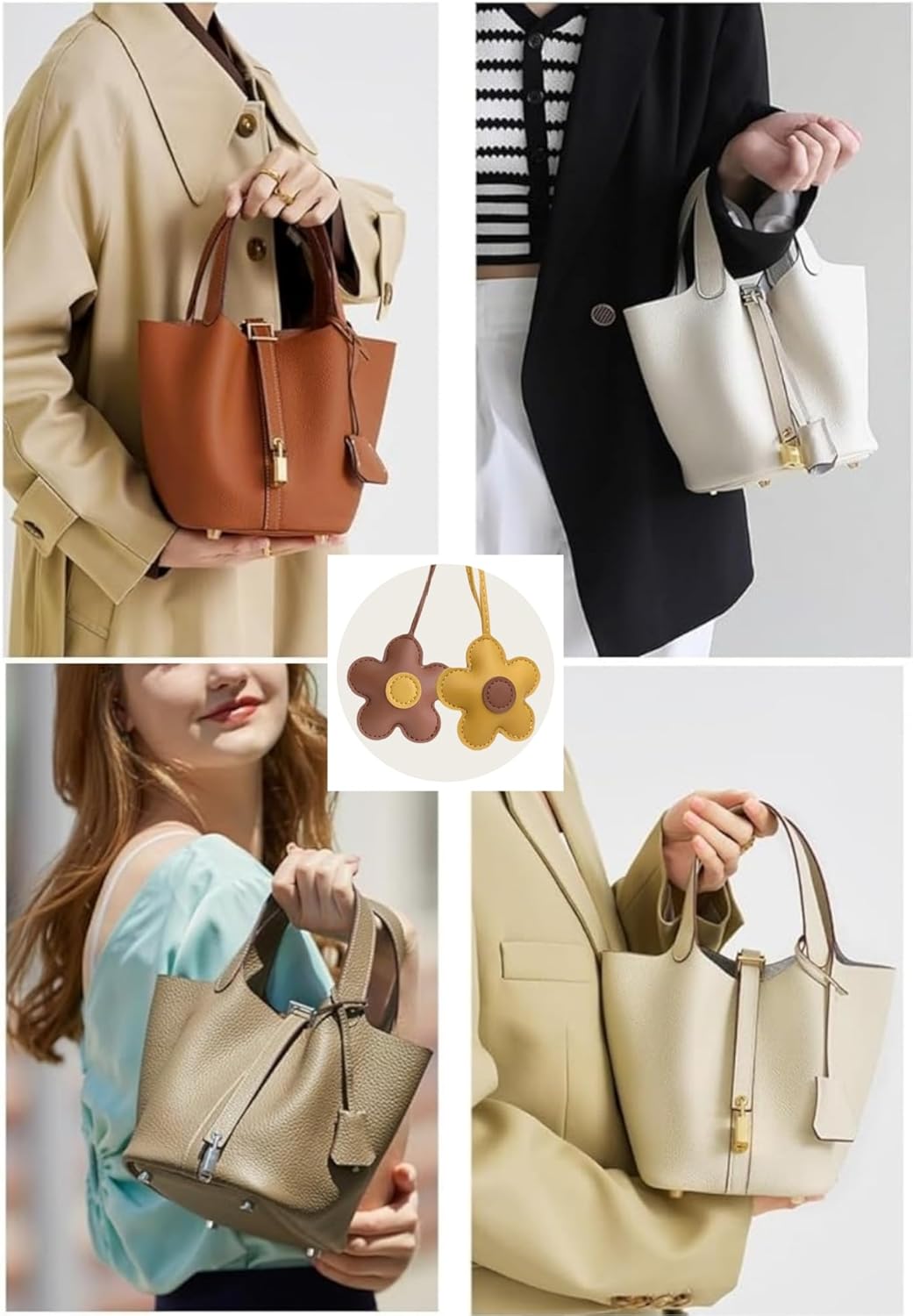 Purilite Select | Genuine Leather Soft Bucket Bag for Women | Cowhide Tote Handbag | Vegetable Basket Style with Top Handle & Floral Decoration