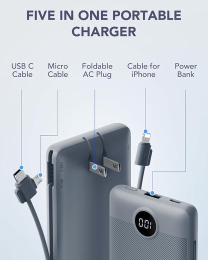 Portable Charger Built-in Cables and AC Wall Plug, VRURC USB C Power Bank 10000mAh, [2025 Upgraded Version] Phone Charger Compact Lightweight External Battery Pack for Smart Phones,Navy Blue
