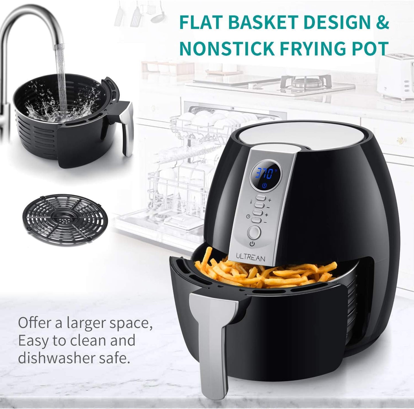 Ultrean Air Fryer, 4.2 Quart (4 Liter) Electric Hot Air Fryers Oven Oilless Cooker with LCD Digital Screen and Nonstick Frying Pot, UL Certified,1-Year Warranty,1500W (Black)