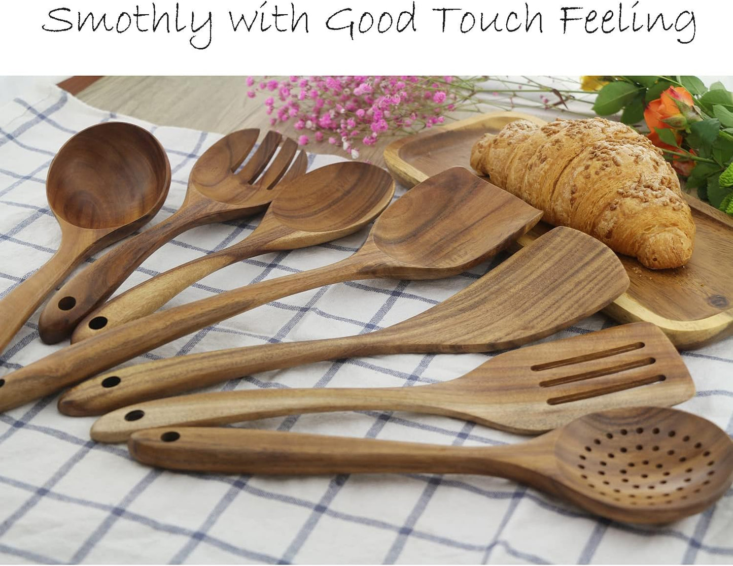 Wooden Spoons for Cooking, ADLORYEA Wood Kitchen Utensils Set, Natural Teak Wooden Cooking Utensils set for Nonstick Cookware, 7-Piece Sturdy Eco-friendly and Healthy Wooden Spatula for Cooking