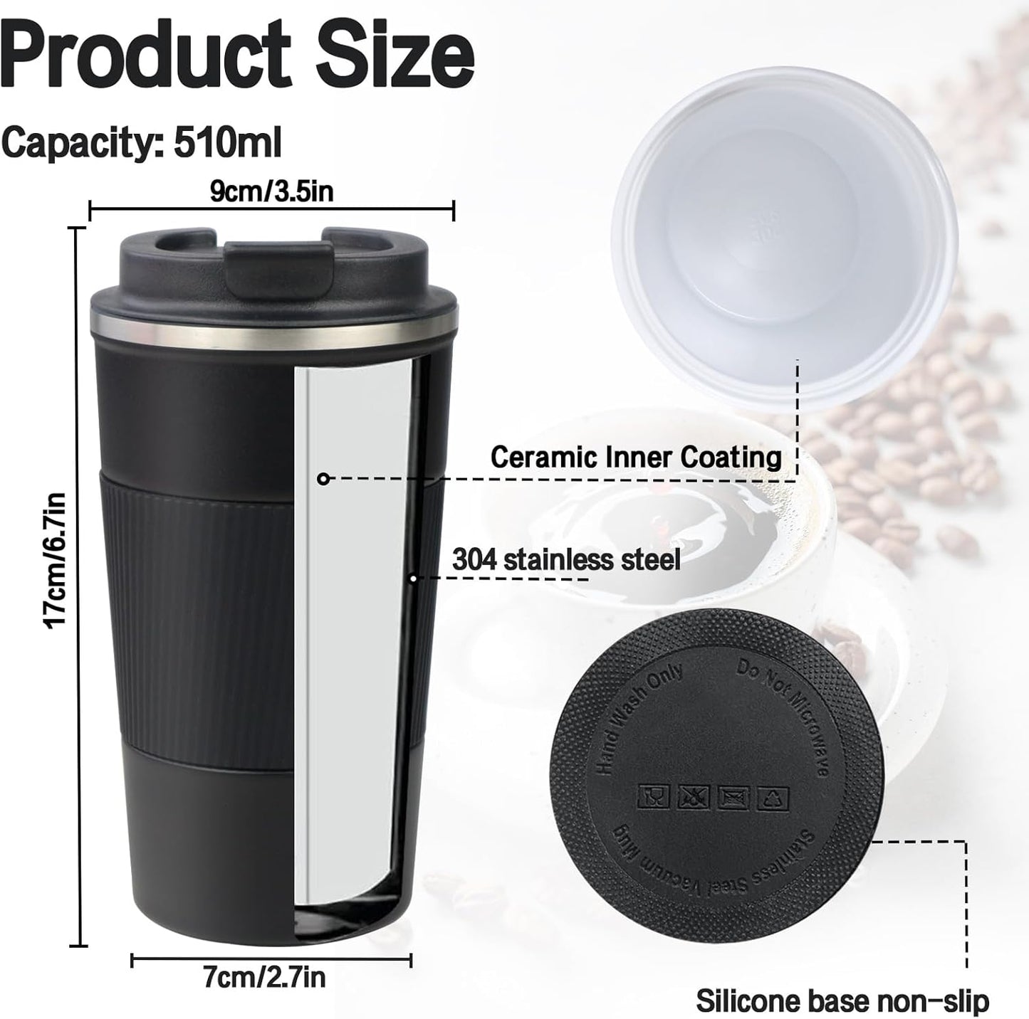 18oz Mug with Ceramic Coating Inside, Insulated Coffee Mug with Lid, Leak Proof Coffee Travel Mug, Travel Coffee Mug Fits in Car Cup Holder