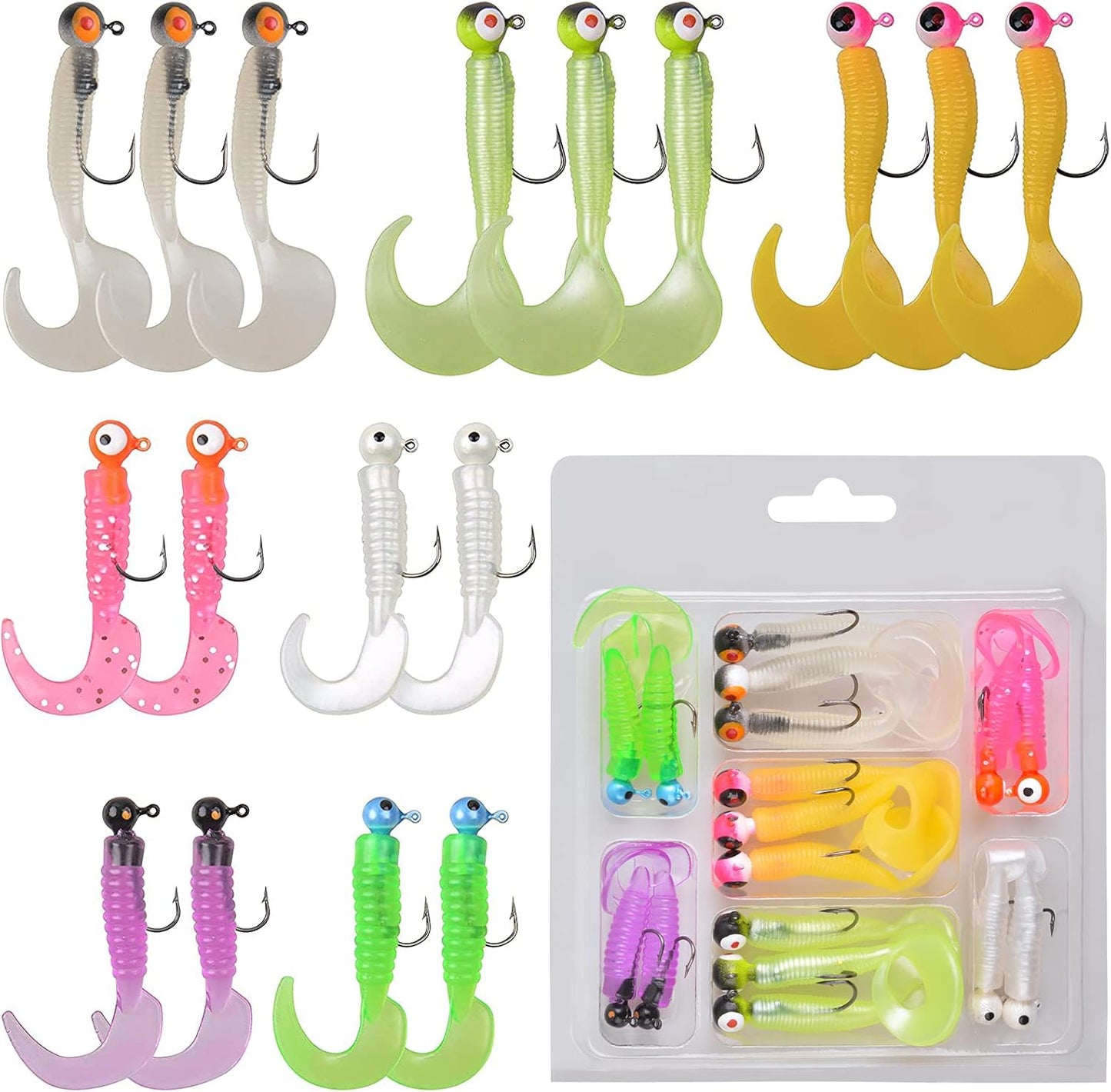 Soft Lures Fishing Jigs Kit, Worm Grub Fishing Lures Jig Head Hooks Kit Grubs Bait Jig Heads Soft Plastic Bait Crappie Jigs Tubes Baits Curved Tail Lure Fishing Lures Kit for Walleye Bass Trout