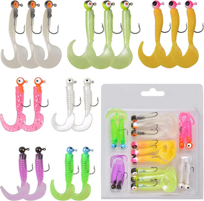 Soft Lures Fishing Jigs Kit, Worm Grub Fishing Lures Jig Head Hooks Kit Grubs Bait Jig Heads Soft Plastic Bait Crappie Jigs Tubes Baits Curved Tail Lure Fishing Lures Kit for Walleye Bass Trout