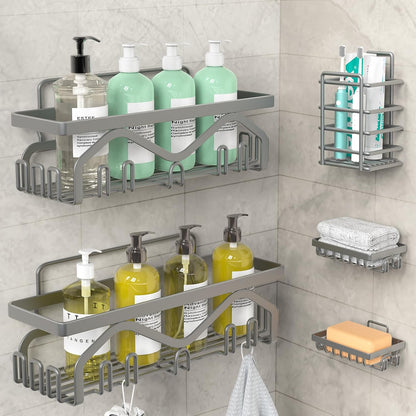 Coraje Adhesive Shower Caddy, 5-Pack Shower Shelves, Large Capacity Load Bearing 40 LBS Shower Organizer, No Drilling Shower Shelf, Rustproof Stainless Steel Bathroom Shower Storage, Black