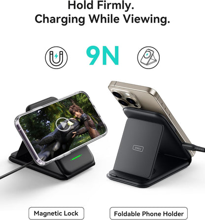 INIU 3 in 1 Wireless Charging Station, Qi2 Certified 15W Travel Charger for Apple Multiple Devices, Foldable Charger Stand for iPhone 16 15 14 13 12 Series Apple Watch AirPods (with Adapter)