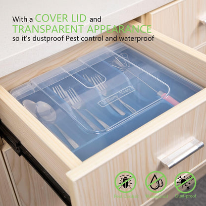 Silverware Tray with Lid, Utensil Drawer Organizer for Kitchen Countertop Plastic Flatware Organizers and Storage holder 5 Compartments,Blue