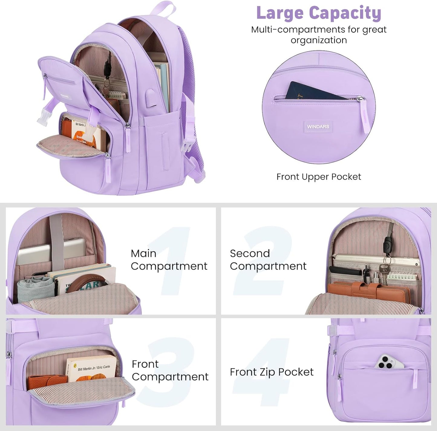 WINDARS Backpack for School Girls, Cute High School Backpacks for Teens Women Student Large Bookbag 15.6 Inch Laptop Bag with USB Charger Port for College Work Travel Trip (Beige Khaki)